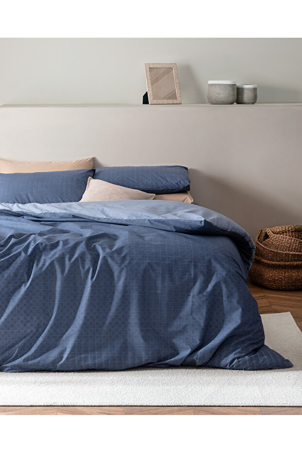 Odette Double Duvet Cover Set - Ranforce Printed, Dark Blue