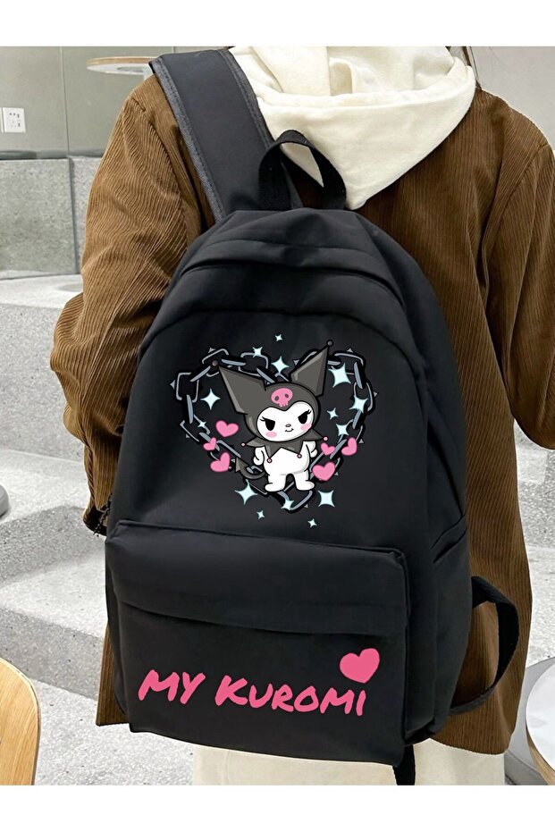 Kuromi Pink Chain Heart Detail Double Printed School, Classroom, Course Backpack - Mingalondon