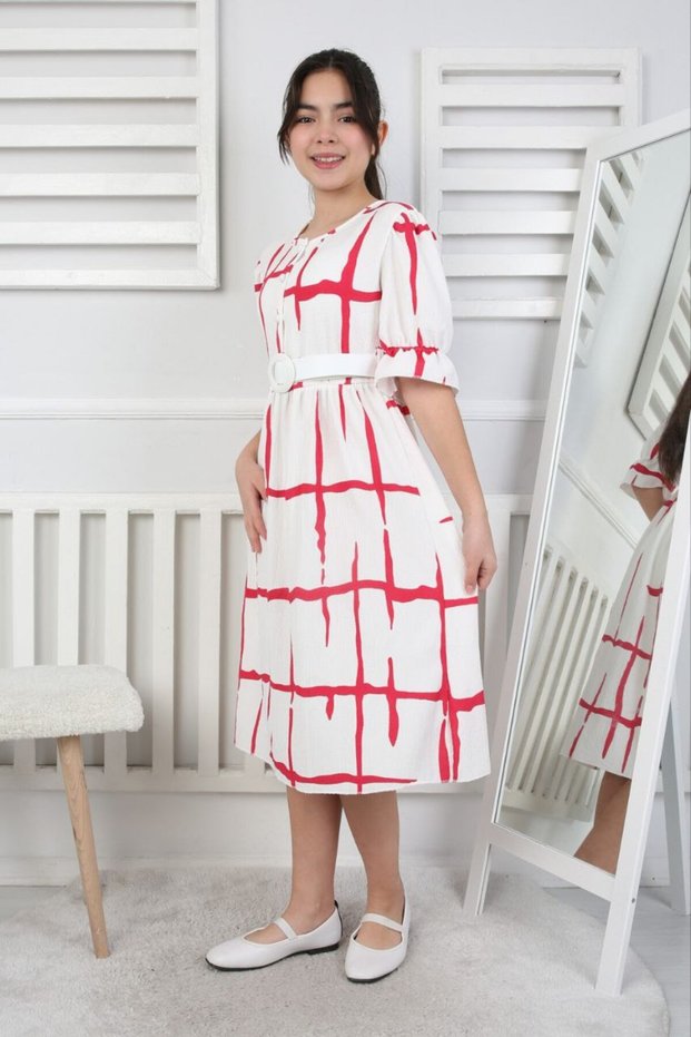 Buttoned Belt Bürümcük Fabric Holiday Girl's Dress ABY194