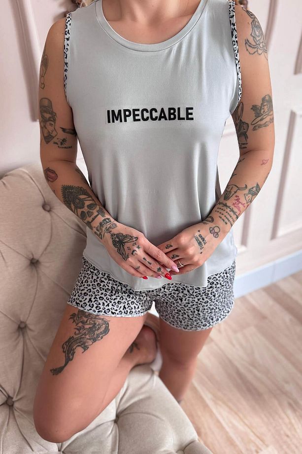 Gri Impeccable Desenli Bambu Sıfır Kol Şortlu Kadın Pijama Takımı - 6