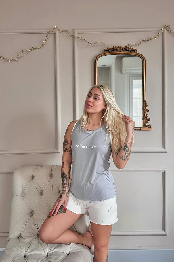 Gri Shine Desenli Bambu Sıfır Kol Şortlu Kadın Pijama Takımı - 5