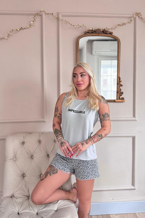 Gri Impeccable Desenli Bambu Sıfır Kol Şortlu Kadın Pijama Takımı - 5