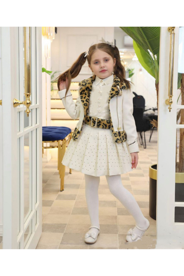 GIRLS' CLOTHING LEOPARD DETAIL JACKET BELT RHINESTONE SKIRT SHIRT EID OUTFIT