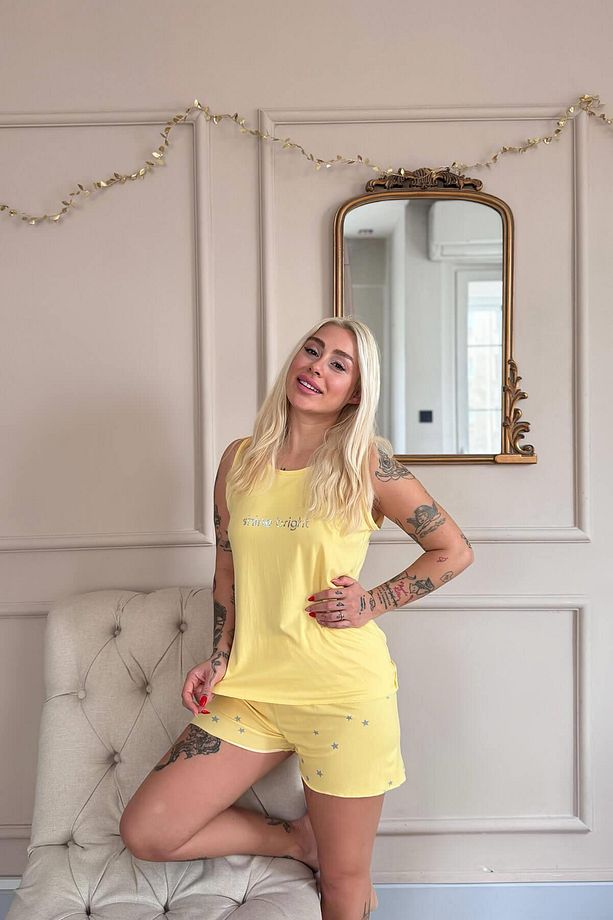 Sarı Shine Desenli Bambu Sıfır Kol Şortlu Kadın Pijama Takımı - 4