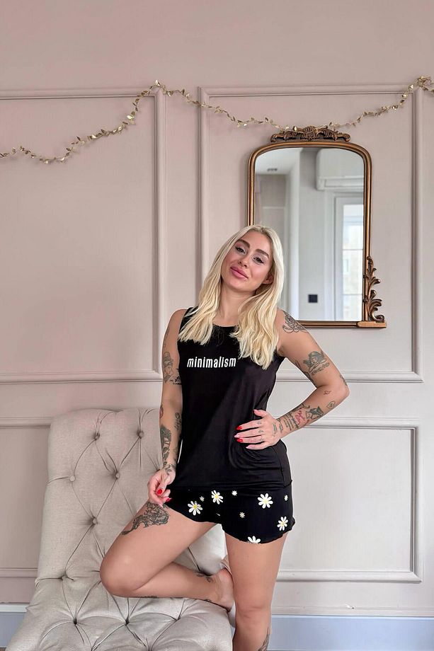 Siyah Minimalism Desenli Bambu Sıfır Kol Şortlu Kadın Pijama Takımı - 4