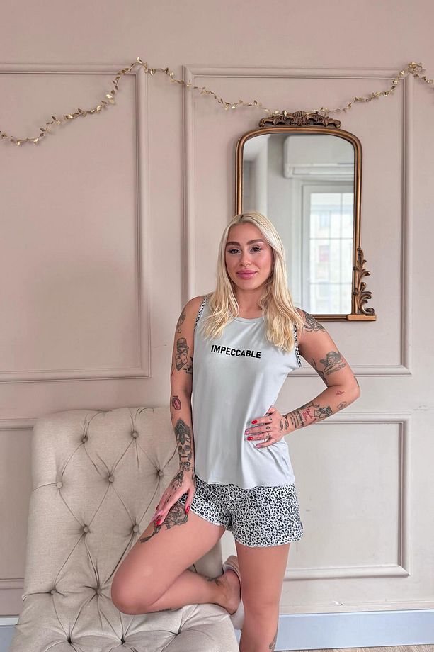Gri Impeccable Desenli Bambu Sıfır Kol Şortlu Kadın Pijama Takımı - 3