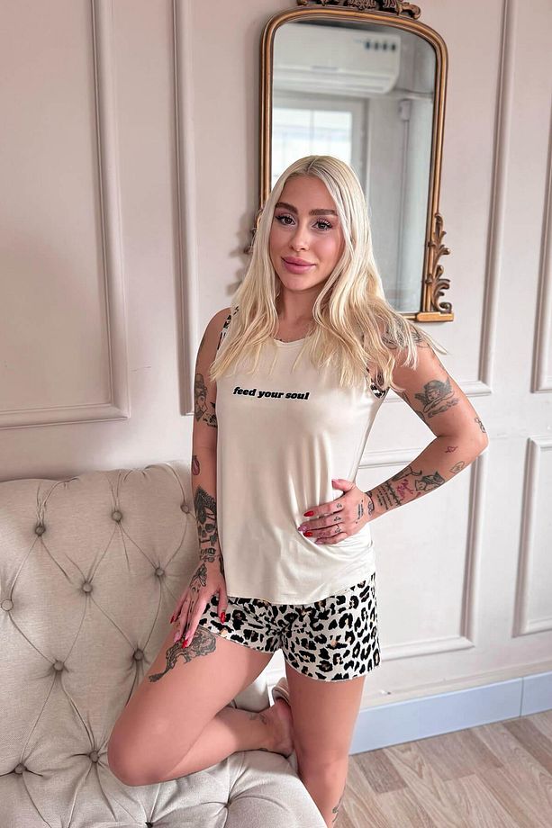 Ekru Feel Desenli Bambu Sıfır Kol Şortlu Kadın Pijama Takımı - 3