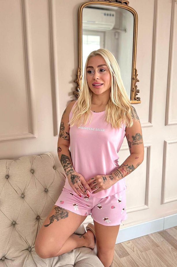 Açık Pembe Mignonne Desenli Bambu Sıfır Kol Şortlu Kadın Pijama Takımı - 4