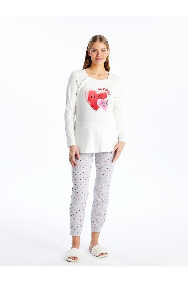 Bisiklet Yaka Baskılı Uzun Kollu Hamile Pijama Takımı - 2