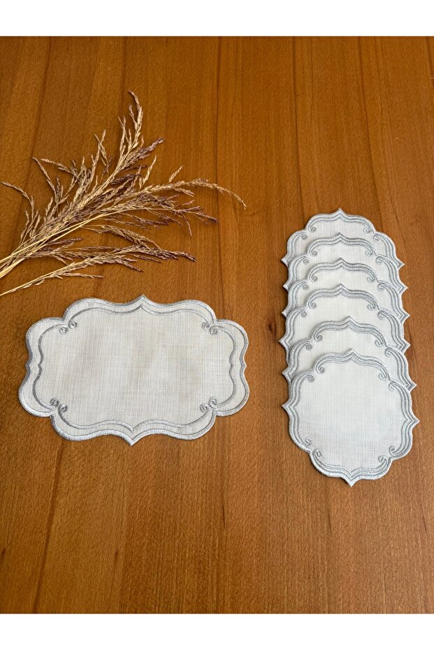 6 Pieces Linen Silver Color Ivy Pattern Presentation Napkin & 1 Piece Ivy Patterned Tray Cover