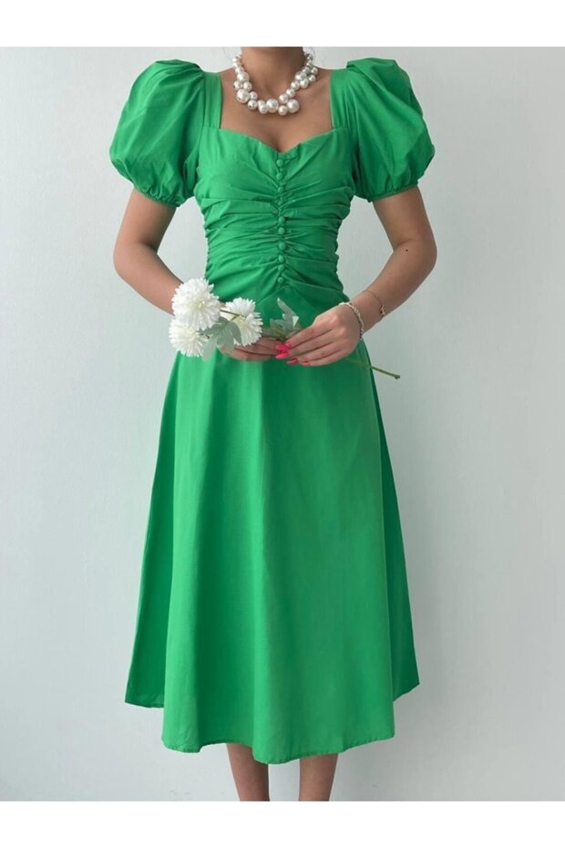 فستان بأزرار وياقة مربعة - 2