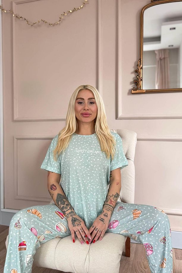 Mint Sweet Dreams Desenli Örme Kısa Kol Kadın Pijama Takımı - 4