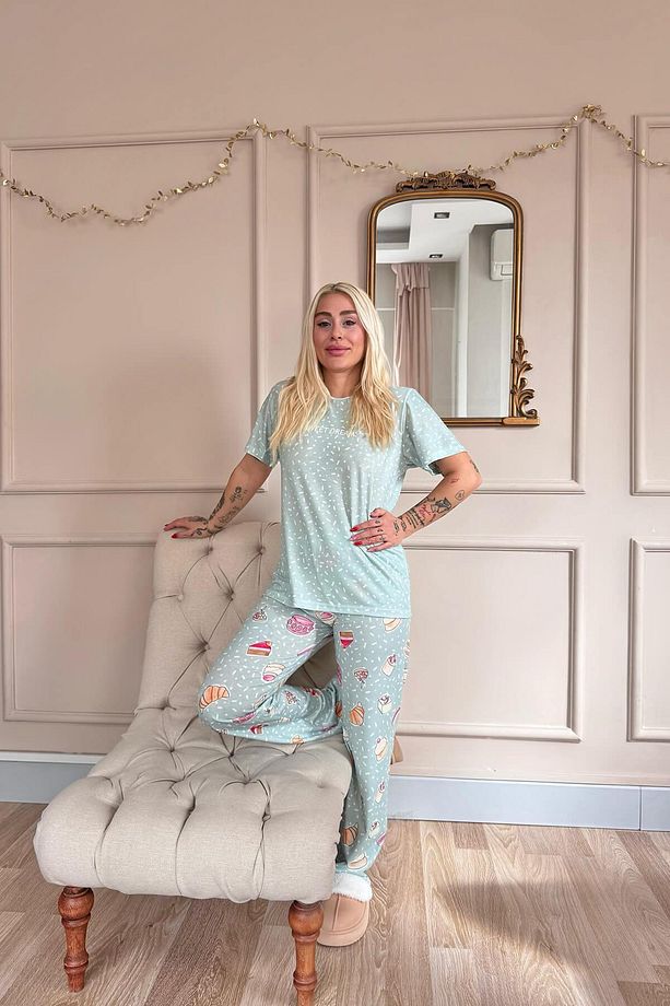 Mint Sweet Dreams Desenli Örme Kısa Kol Kadın Pijama Takımı - 8