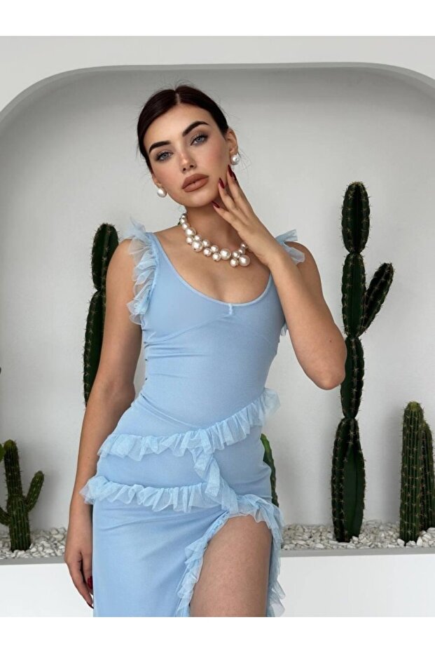 Felix Yırtmaçlı Midi Tül Elbise - 3