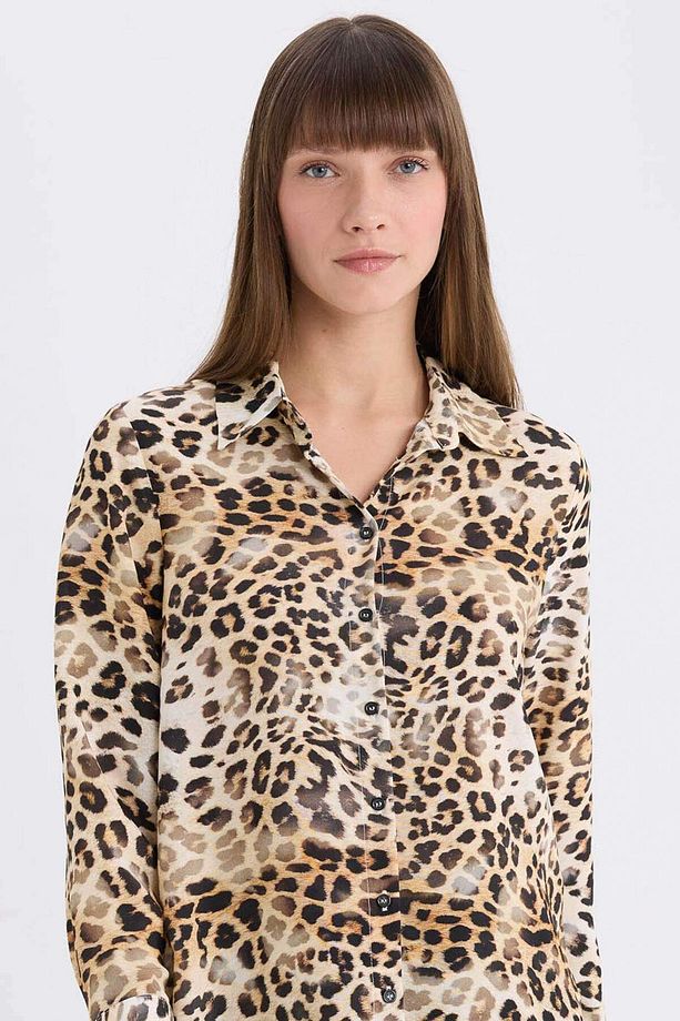 Regular Fit Leopar Desenli Uzun Kollu Gömlek - 1