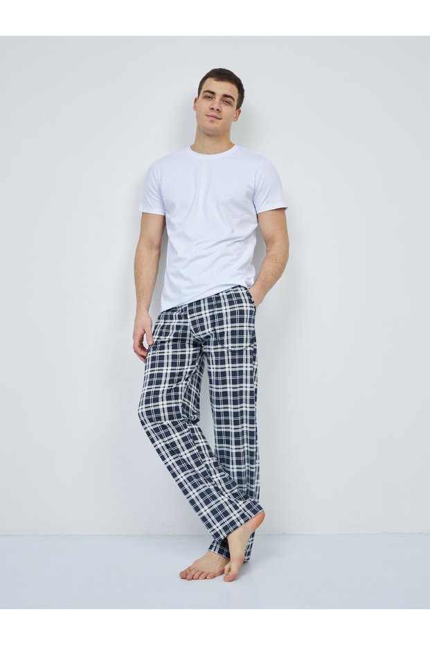 Men's Patterned Pocketed Elastic Waist Pajama Bottoms White