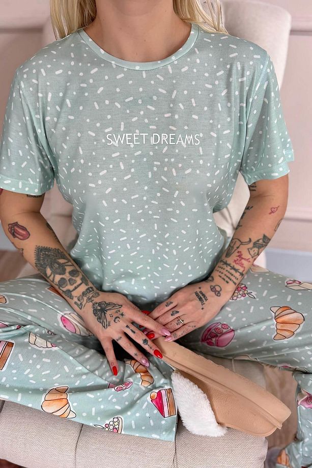 Mint Sweet Dreams Desenli Örme Kısa Kol Kadın Pijama Takımı - 7