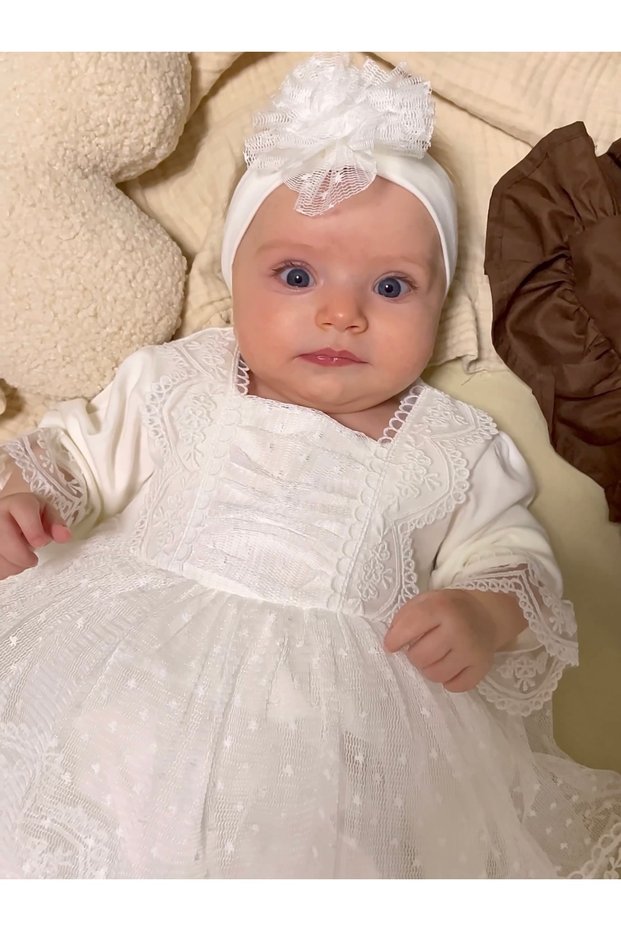 Carmen Dress 100% Cotton Jersey Tulle Lace Newborn Baby Girl Religious Ceremony and Special Occasion Bandana Set