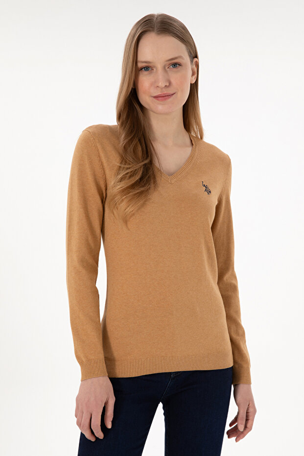 سترة نسائية أساسية ذات رقبة على شكل حرف V من Camel Melange 50293542 -VR122