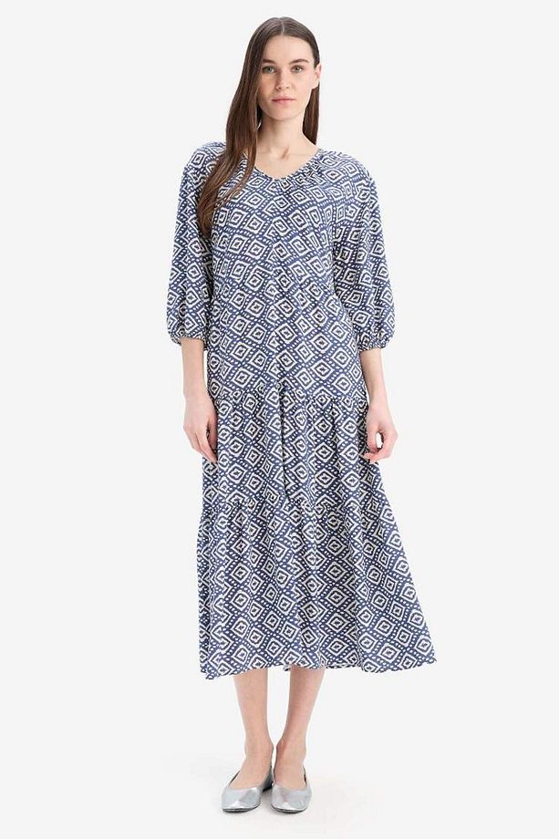 Yeni Sezon Regular Fit Desenli V Yaka Uzun Kollu Maxi Elbise - 1