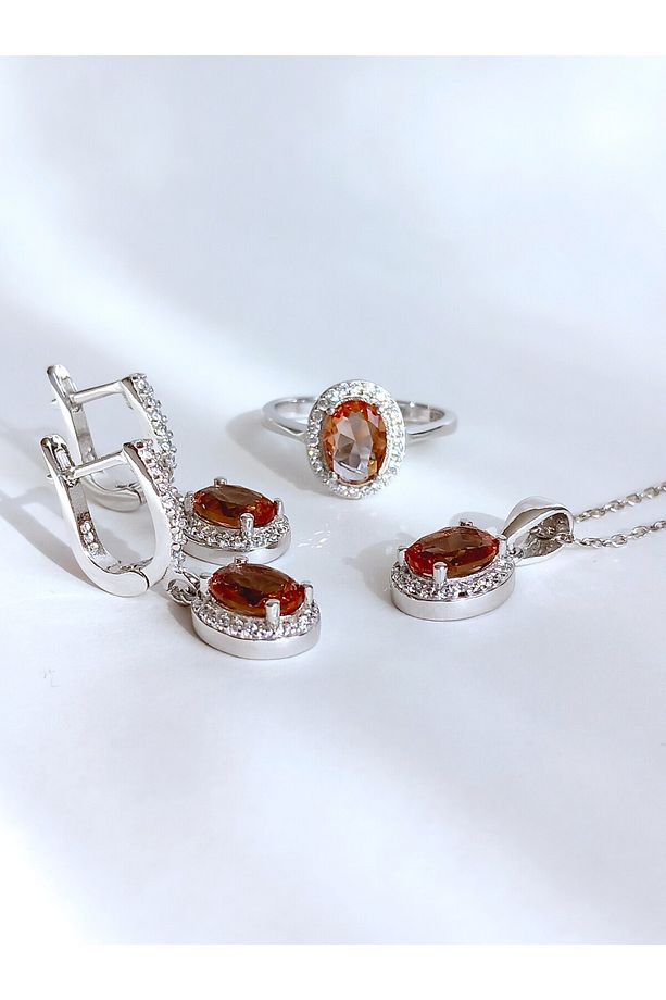 18 Ayar Altın Kaplama Zultanit Sultan Taşlı Oval Damla Tasarım Kolye Küpe Yüzük Kadın Gümüş Set - 4