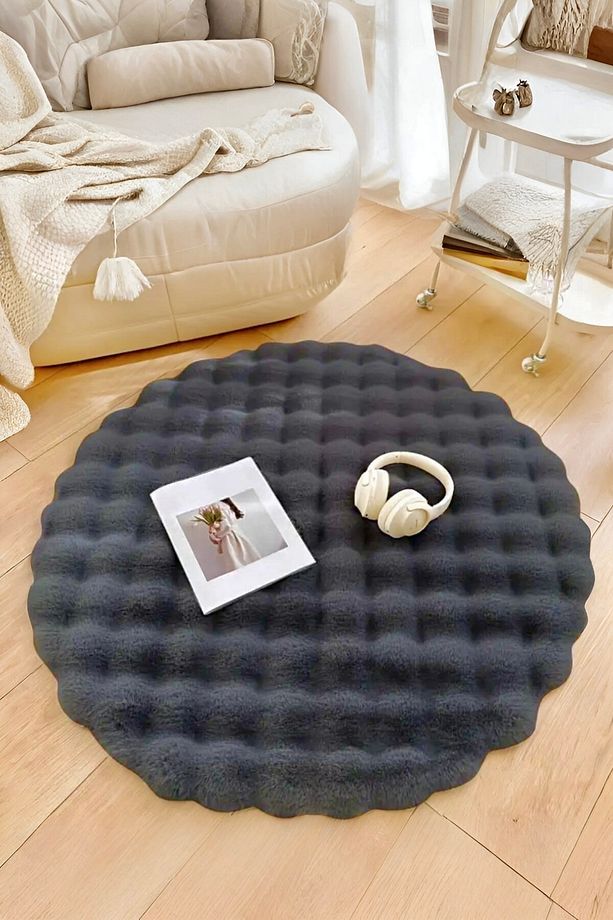 Bubble Yuvarlak Antrasit Uzun Tüylü Yumuşak Peluş Kaymaz Yıkanabilir Salon Oturma Odası Balkon Halı - 1