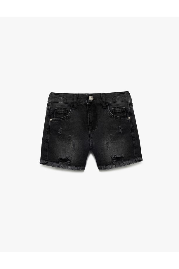 Pamuklu Cepli Yıpratılmış Detaylı Yüksek Bel Denim Şort - 1