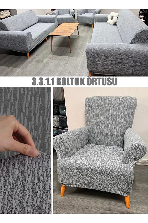 Jakarlı 3 3 1 1 Lastikli Kanepe Örtüsü Lastikli Koltuk Örtüsü Koltuk Kılıfı Takımı Çekyat Örtüsü - 2
