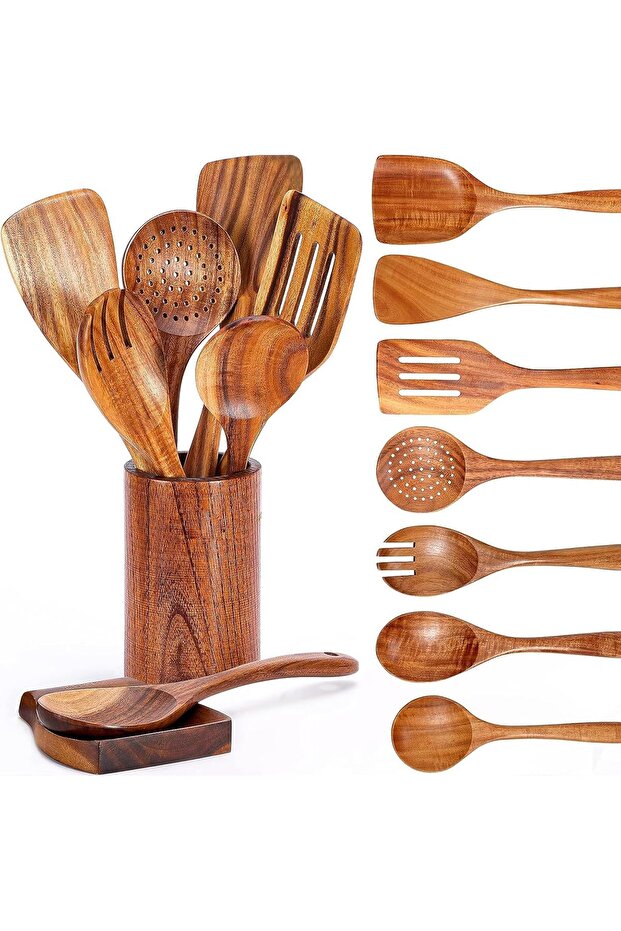 ملاعق خشبية للطبخ، 9 قطع أدوات خشبية مع حامل، أدوات خشبية للطبخ - 1