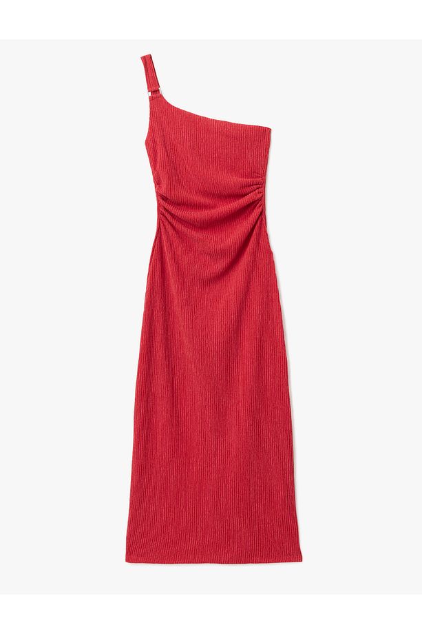 Drape Detaylı Slim Fit Midi Boy Tek Omuz Elbise - 3