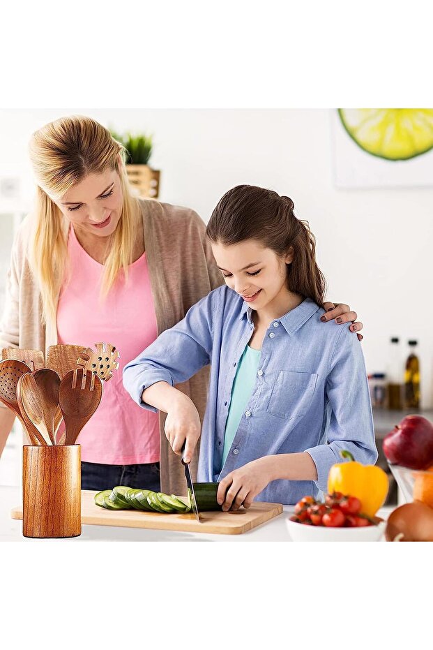 ملاعق خشبية للطبخ، 9 قطع أدوات خشبية مع حامل، أدوات خشبية للطبخ - 7