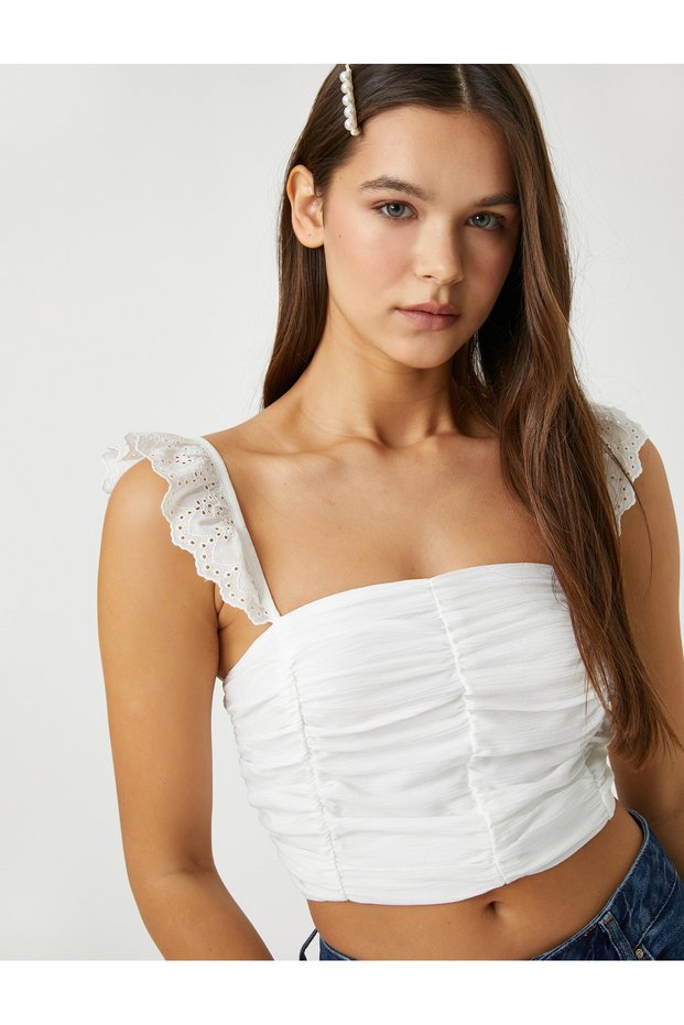 Crop Top with Scallop Ruffles, Strap Detail, Gathered Square Neckline