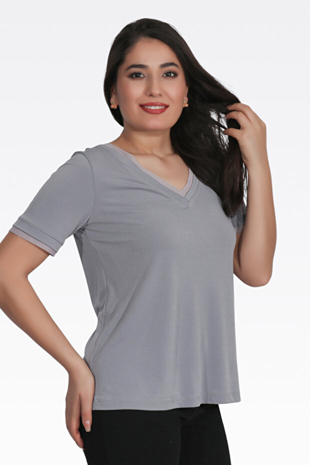 10963 GRİ TÜL DETAYLI KREP ÖRME BLUZ - 3