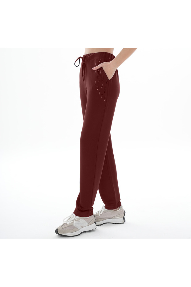 Burgundy Color Cotton Fabric Stone Printed Women's Sweatpants (with Large Size Option)