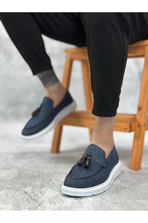 Ba0005 Laceless High Sole Classic Linen Navy Blue Tasseled Men's Shoes
