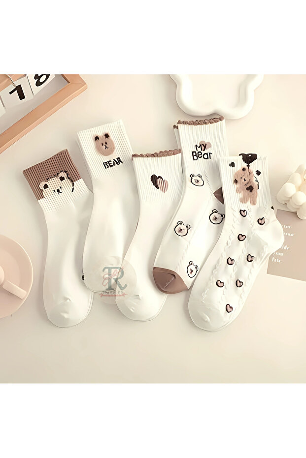 Women's 5 Pairs Bear Balloon Heart Patterned Seasonal Stylish Socks