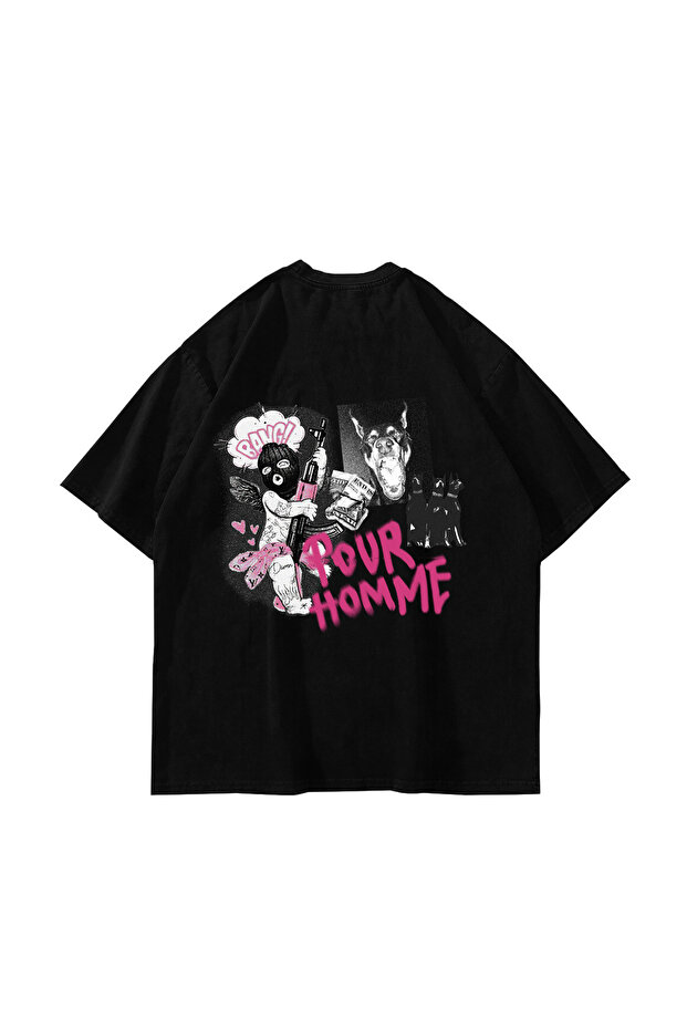 Pour Homme Printed 24/1 Oversize Unisex Black Tshirt