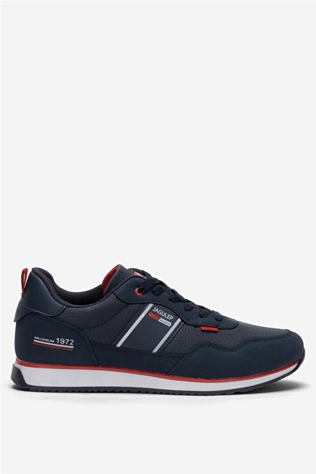Men's Leather Laced Casual Sports Shoes Dark Blue - Red