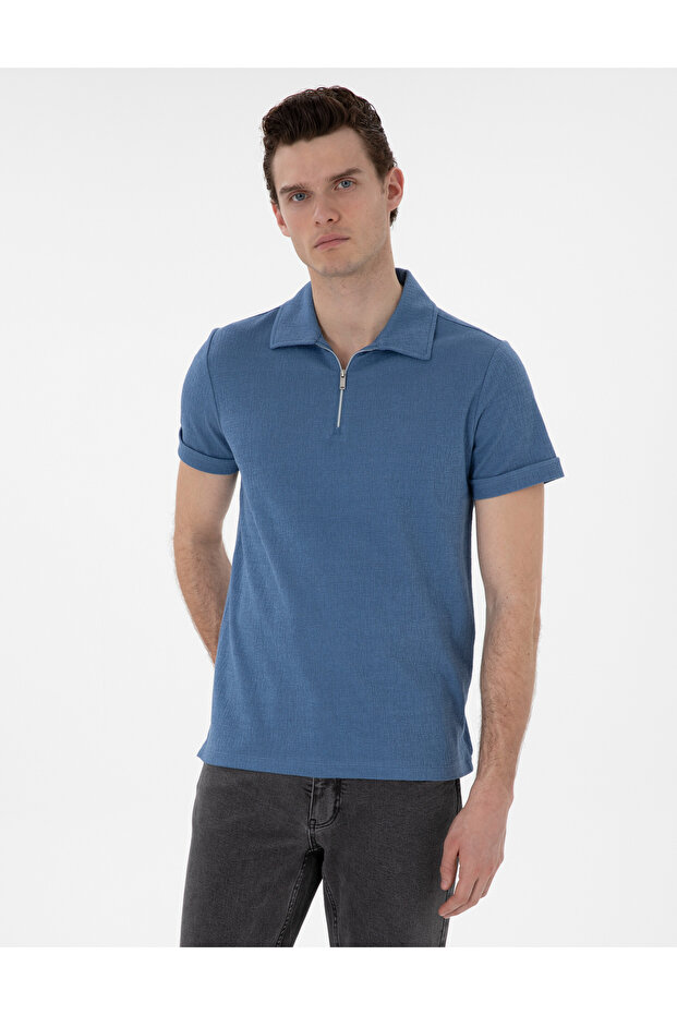 Blue Slim Fit Zippered Polo Collar T-Shirt 50302586-Vr036