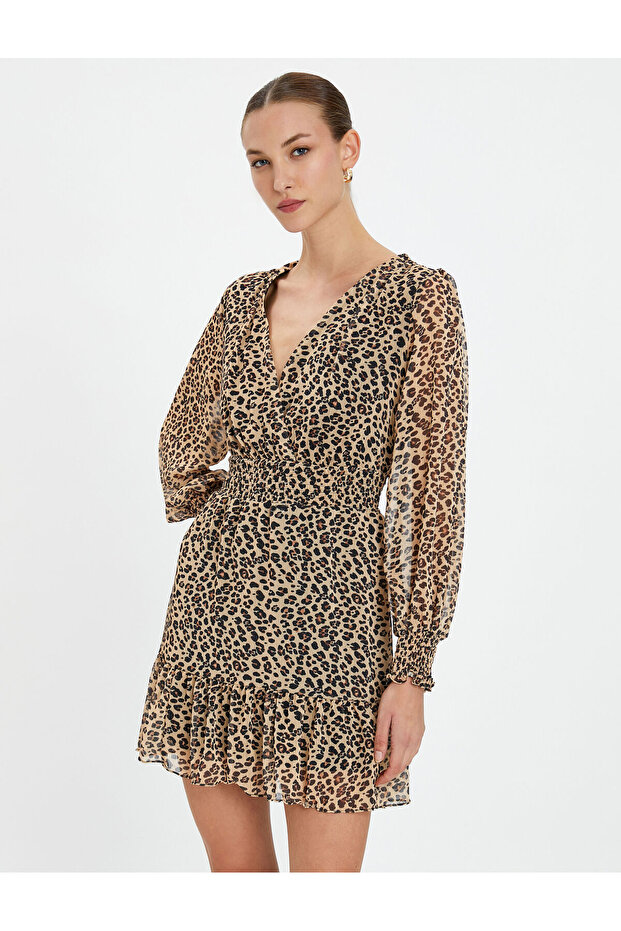 Chiffon Dress Leopard Pattern Balloon Sleeve V-Neck