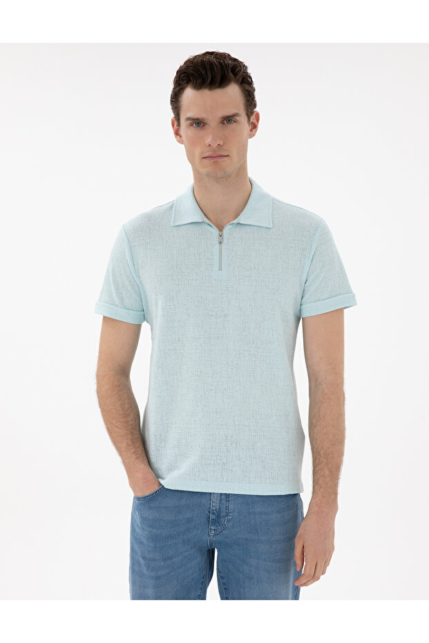 Water Green Slim Fit Zippered Polo Collar T-Shirt 50302586-Vr048