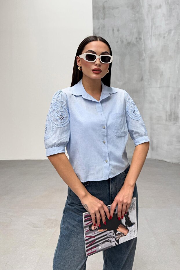 Blue embroidered linen shirt with sleeve