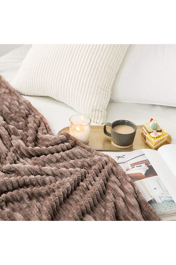 Soft Çizgili Welsoft Yatak Örtüsü/ Battaniye 200x220 (KAHVE) - 3