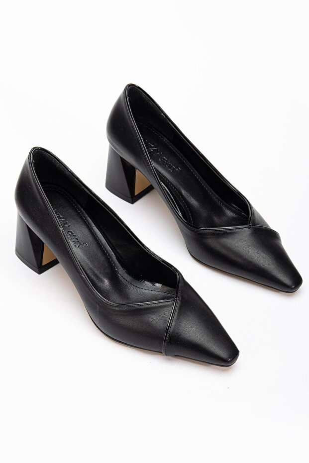 Women's High Heel Shoes Black V-Faced Ribbed Pointed Mold