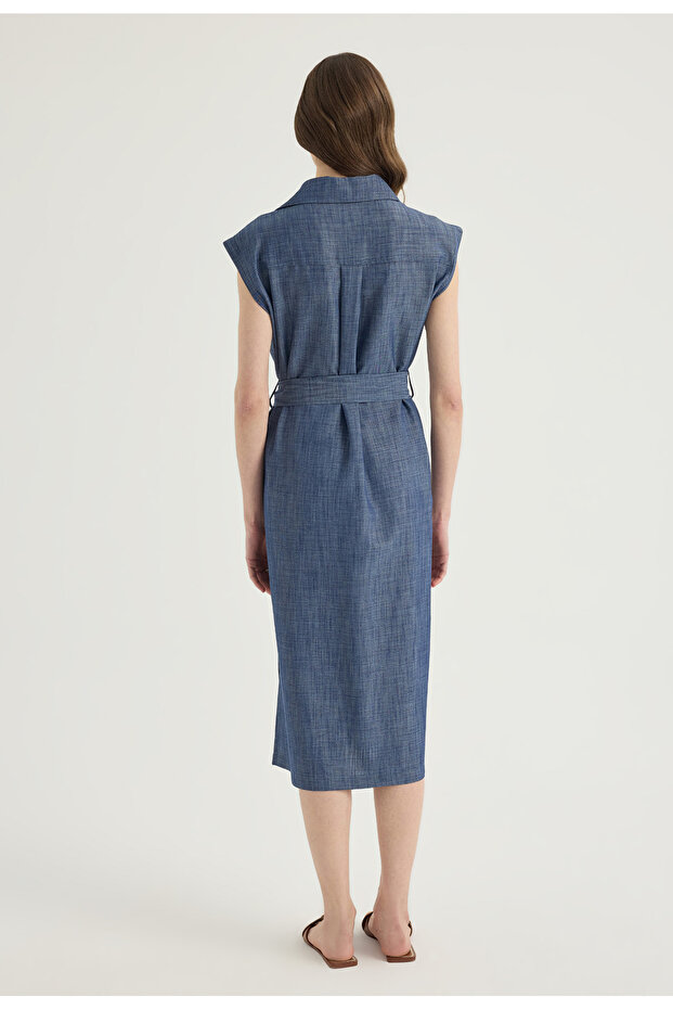 Denim Görünümlü Midi Elbise - 5