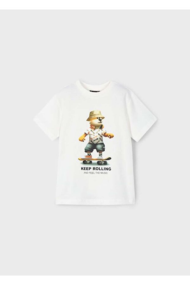 Boy 4-8 Years Old, Skateboard Printed T-Shirt Cream Color