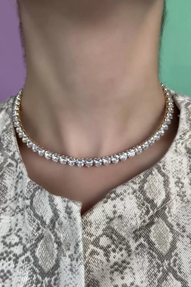 Gold Color Heart Detailed Jewelled Choker Necklace