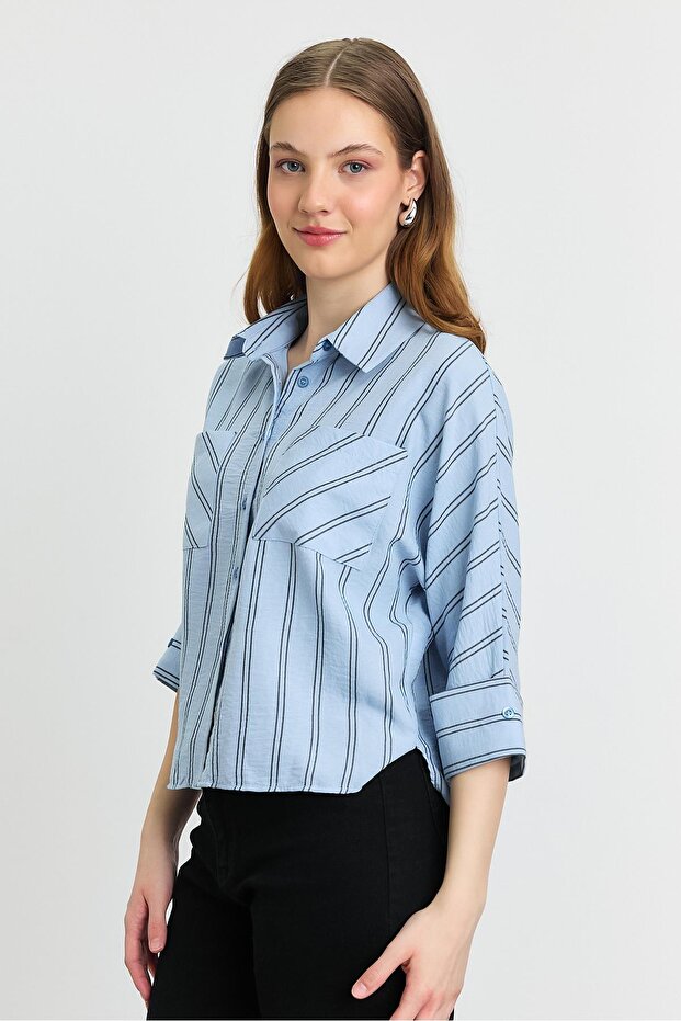 4272A Çizgili Cepli Gömlek Mavi - 3
