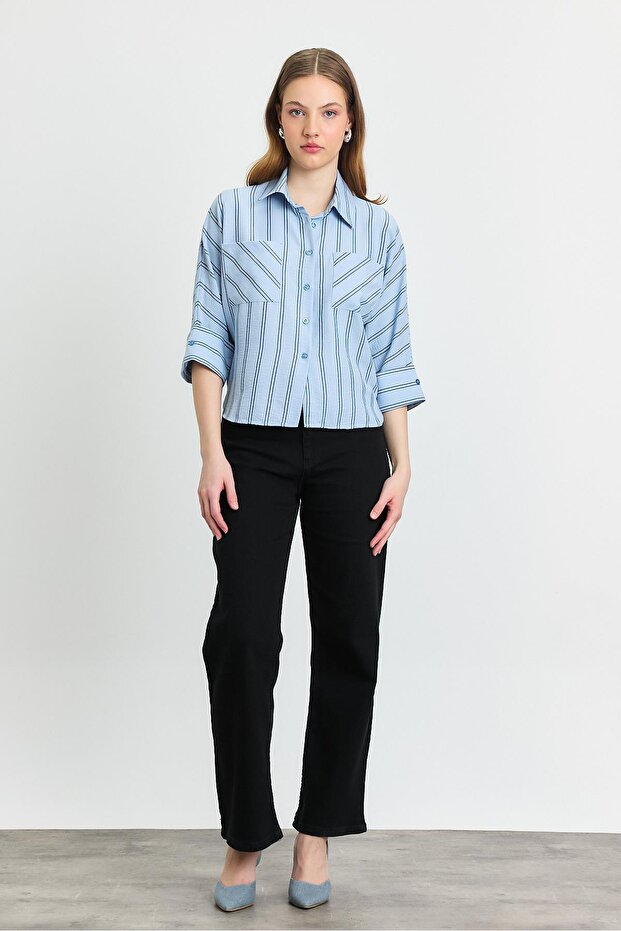 4272A Çizgili Cepli Gömlek Mavi - 2