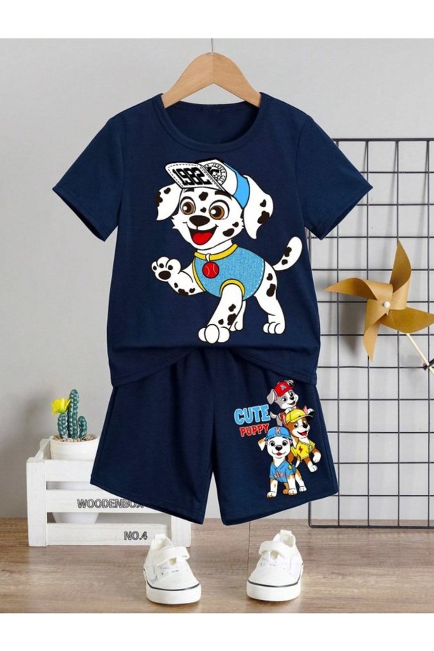 Girl-Boy Navy Blue Cute Puppy Dog Printed Shorts-T-Shirt Set